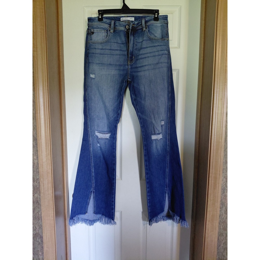 Kancan Flare Jeans Womens 29 Blue Distressed Split Hem Frayed Denim
